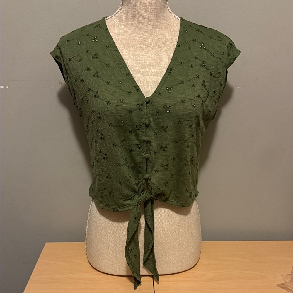 Olive Green Tie-Front Blouse